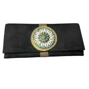 Black Faux Suede Concho Embellished Clutch